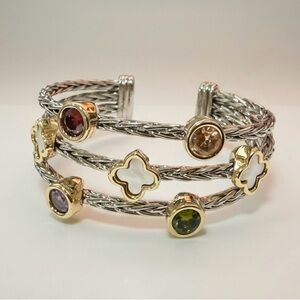 Multicolor Twisted Cable & Mother-of-Pearl Clover Leaf Two-Tone Cuff Bracelet